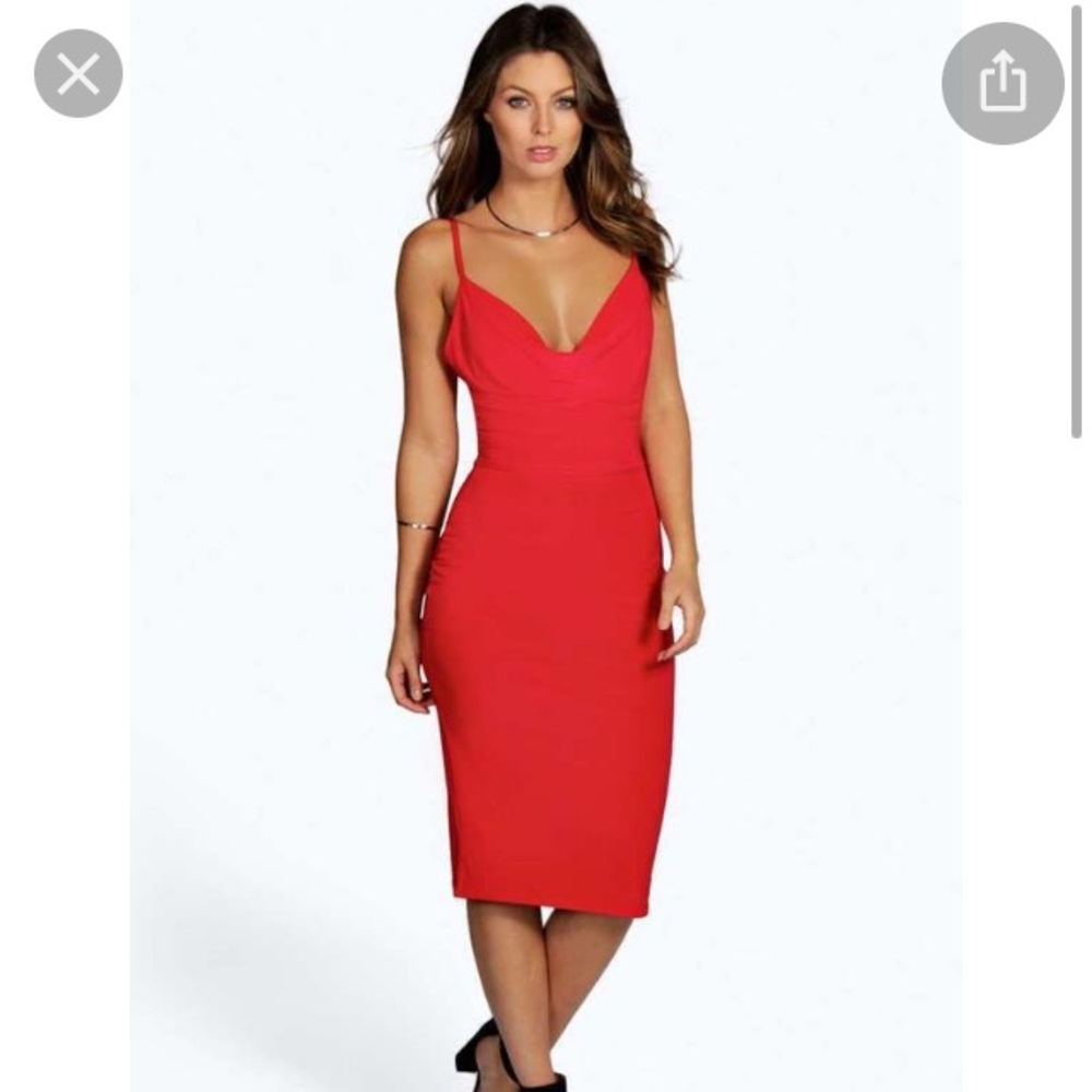 RED Boohoo Meg slinky strappy cowl front bodycon